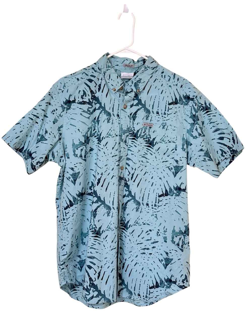 Columbia Button Down Shirt Mens M Aqua Teal Tropical Print Short Sleeve